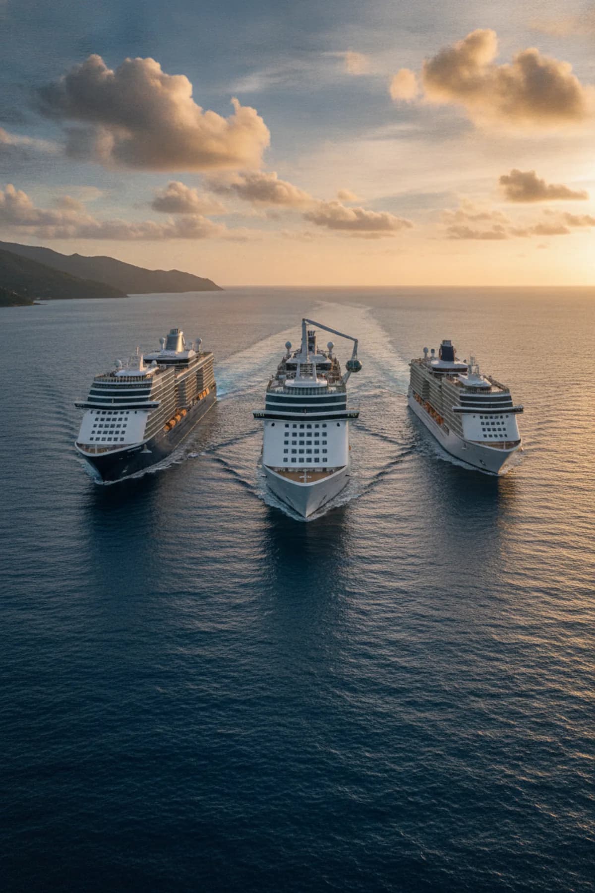 Три круизных лайнера идут рядом по морю на закате: MSC Meraviglia, Spectrum of the Seas и Celebrity Millennium